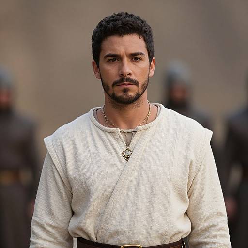Photograph of a serious, bearded man with dark hair wearing a white, textured tunic and a silver necklace, standing in front of blurred soldiers