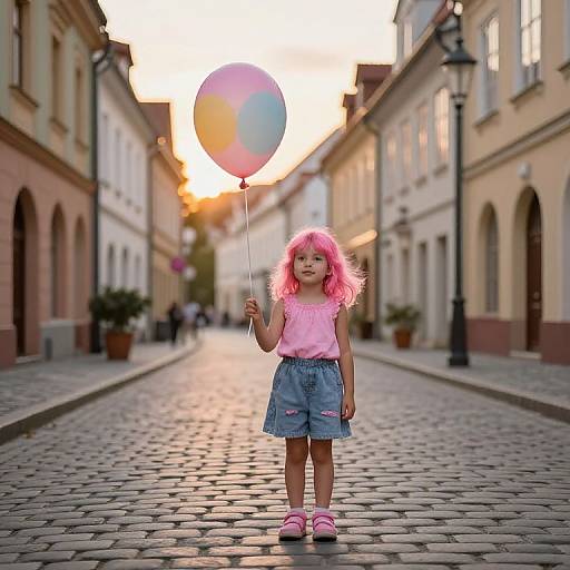 Photograph of a young girl with pink curly hair, wearing a pink top, denim shorts, and pink shoes, holding a multicolored balloon on