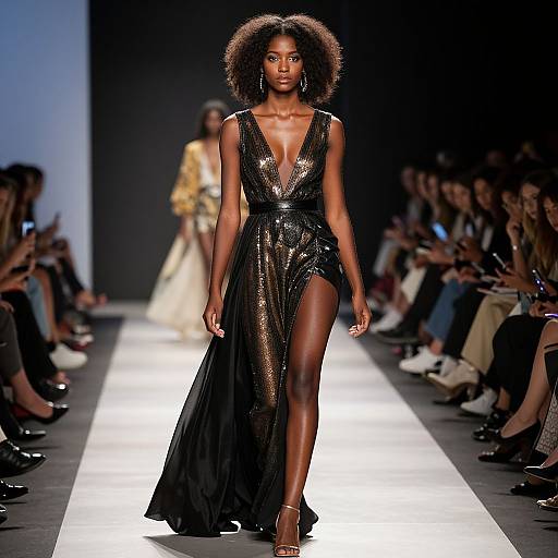 Photograph of a confident Black woman with natural curly hair, wearing a sparkling black sequin gown with a deep V-neck and high slit, strutting