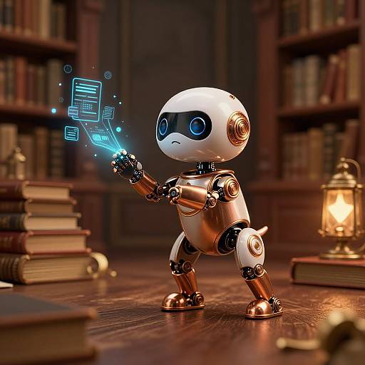 Photorealistic CGI of a small, white, robotic child with blue eyes, standing in a dimly lit, book-filled library, casting glowing blue