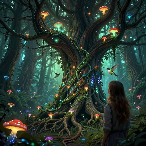 Digital fantasy artwork: Enchanted forest with glowing mushrooms, bioluminescent snakes on a twisting tree, and a long-haired girl in silhouette.