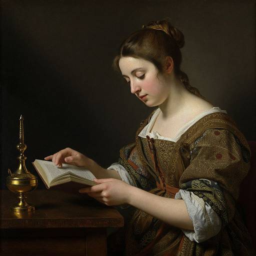 Photograph-style digital painting of a young woman with fair skin and brown hair, reading a book by dim light, wearing a brown patterned dress,