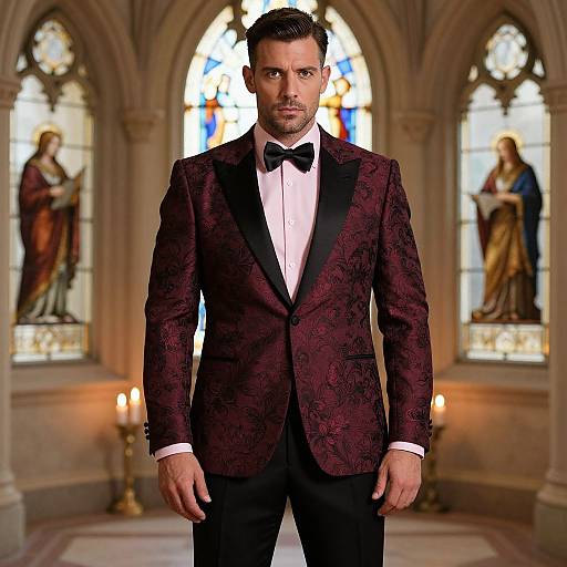 Photograph of a handsome, dark-haired man in a maroon, patterned tuxedo with black bowtie, standing in a church with stained