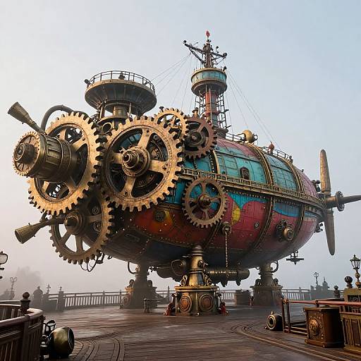 Steampunk-style airship with large, intricate gears and colorful, metallic body, floating on a foggy dock. Digital artwork with detailed textures.