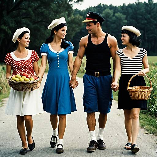 Adults Dressed as Classic Sailor Characters Walking Outdoors