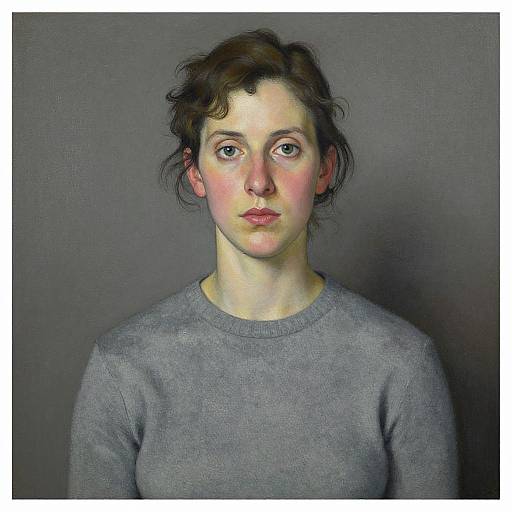 Realistic digital painting of a young woman with short, curly brown hair, fair skin, blue eyes, wearing a gray sweater, against a dark gray