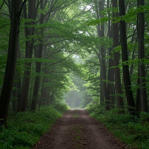 Misty Forest Path in Sunlight