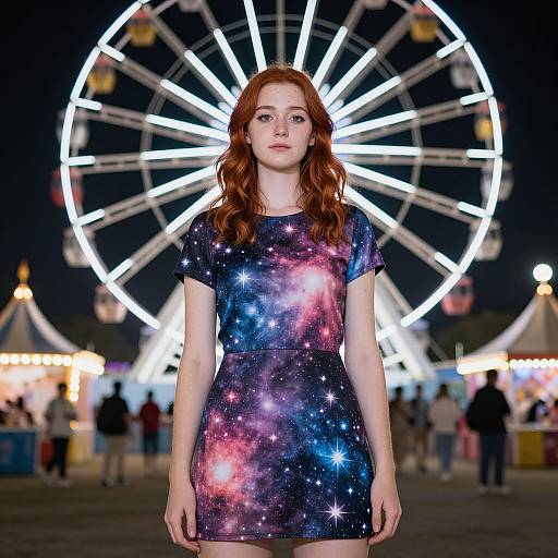 Photograph of a red-haired woman with fair skin wearing a galaxy-patterned dress, standing in front of a brightly lit Ferris wheel at a nighttime
