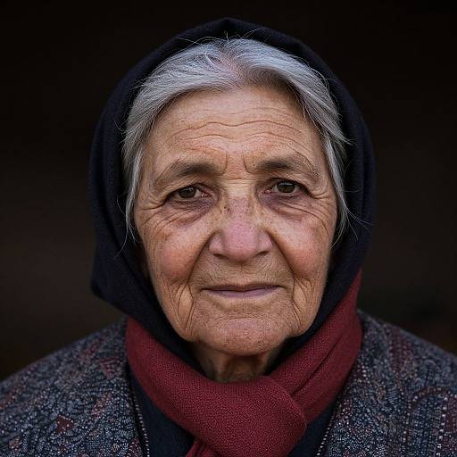 Photograph of an elderly woman with wrinkled skin, white hair, brown eyes, wearing a black hood, red scarf, and gray textured coat against
