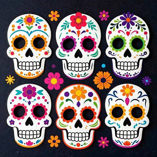 Vibrant digital art of five colorful sugar skulls with floral designs, set against a dark background, surrounded by small flowers.