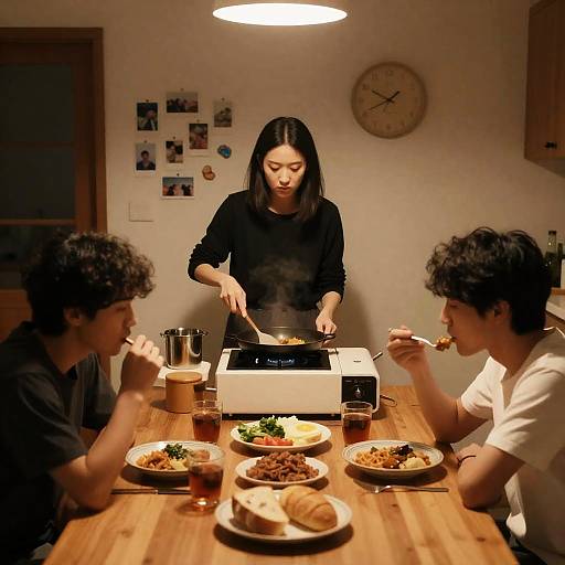 Warm Kitchen Scene with Friends Dining