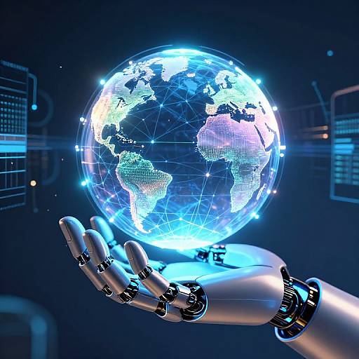 CGI image of a glowing, digital Earth hovering over a robotic hand with metallic joints and blue accents, set against a dark, futuristic background with digital