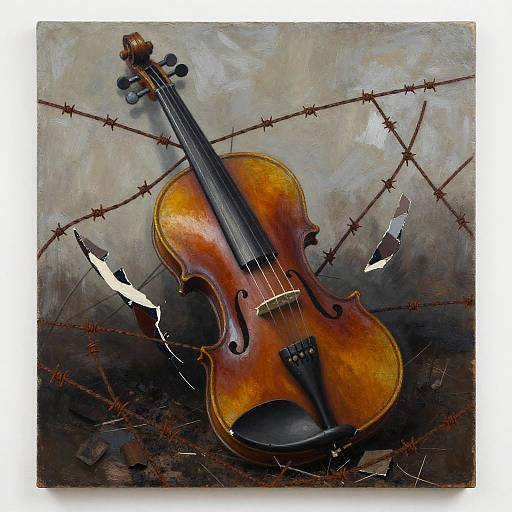 Shattered Violin Amid Rusted Fencing