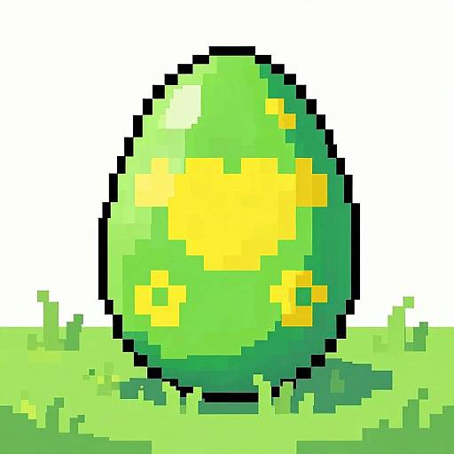 Pixel art of a bright green egg with yellow spots, standing on grassy ground. Retro, 8-bit style with bold colors.