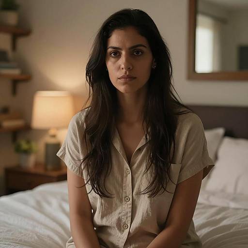 Serious Woman in Dimly Lit Room