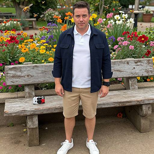 Photograph of a middle-aged man with short dark hair, wearing a black jacket, white shirt, beige shorts, and white sneakers, standing in a