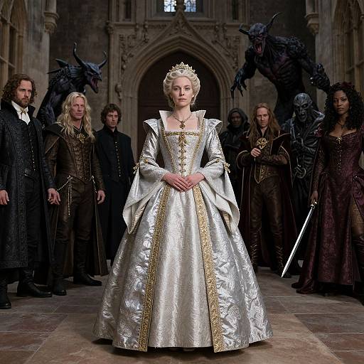 Photograph of a pale-skinned woman in a silver, ornate gown with gold trim, crowned, standing center in a gothic cathedral, fl