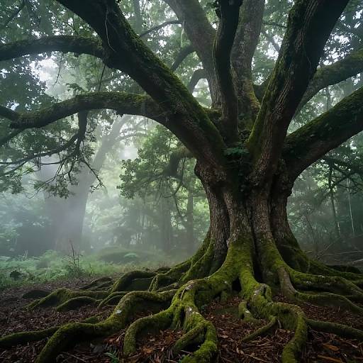 Photograph of a massive, moss-covered tree with sprawling roots in a misty, dense forest, sunlight filtering through lush green foliage.