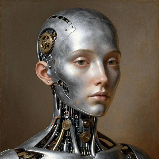 Photorealistic digital artwork of a silver robotic human head with exposed gears and metallic skin, featuring detailed mechanical neck and ears against a muted brown background.