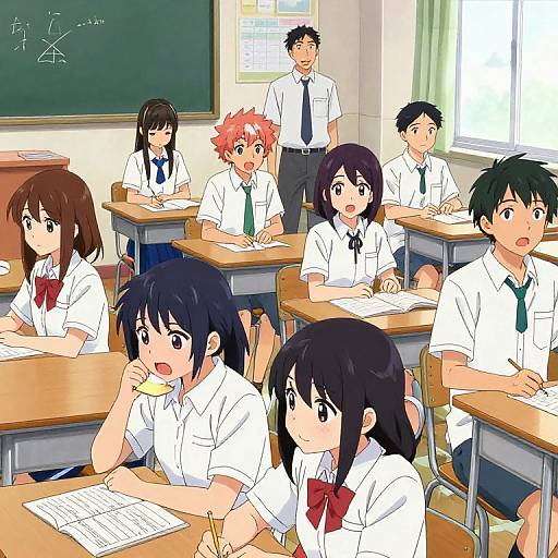 Anime-style classroom scene with eight students wearing white shirts and red ties, sitting at desks, writing, and looking at a chalkboard.