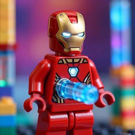 Photograph of a LEGO Iron Man minifigure with a glowing blue repulsor in hand, standing against a colorful, blurred background.