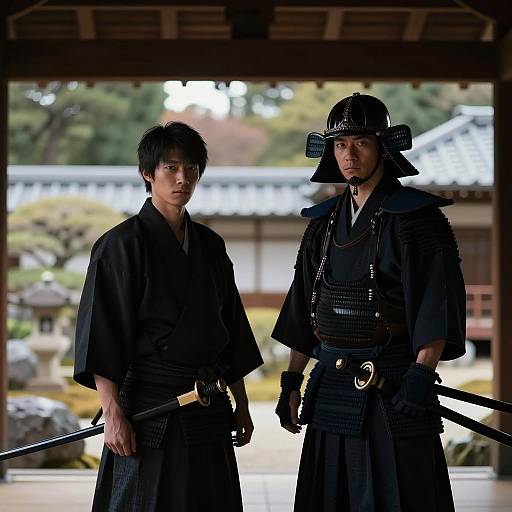 Serious Samurai Silhouette in Japanese Garden