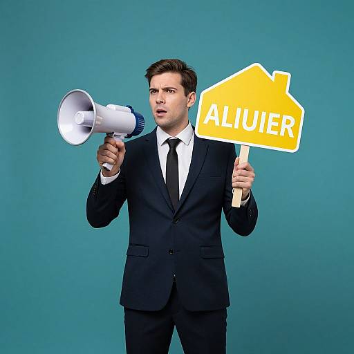 Photograph of a serious Caucasian man in a black suit holding a yellow 