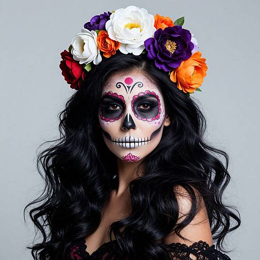 Photograph of a woman with long black hair, white face paint, and floral headpiece, wearing a black lace top, in a Day of the