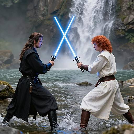 Two Men Duel with Blue Lightsabers Near Waterfall