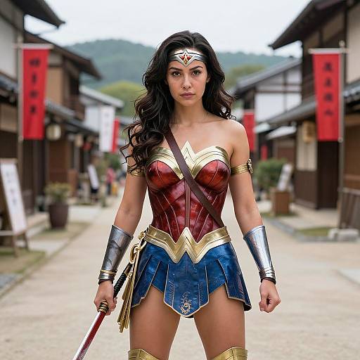 Photograph of a strong, Latina woman in Wonder Woman costume, standing confidently in a traditional Japanese village, holding a sword.