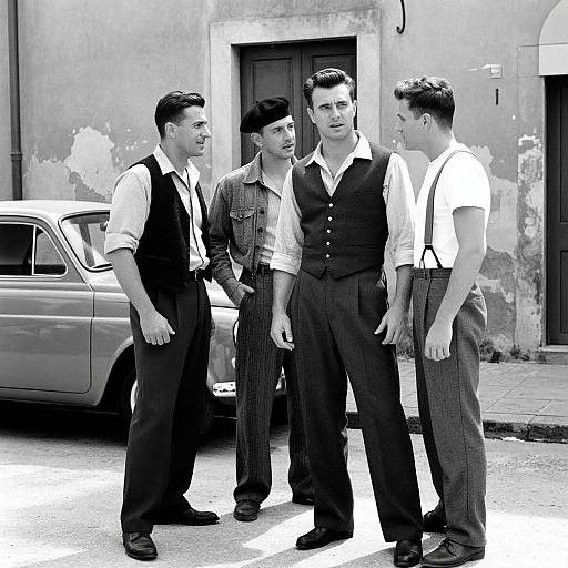 Black-and-white photograph of four men in 1950s-style vests and trousers, standing on a street with a vintage car and weathered building in
