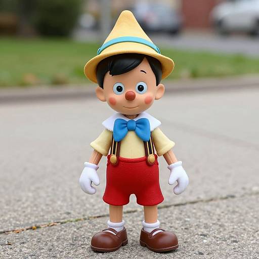 CGI cartoon of a cheerful boy with a yellow hat, blue bowtie, yellow shirt, red shorts, white gloves, and brown shoes, standing