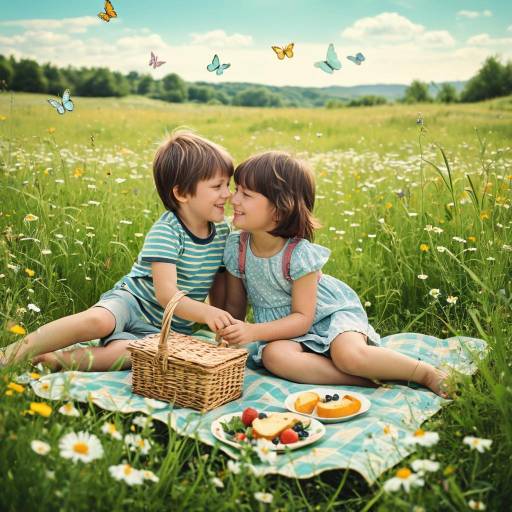 Children Sharing Picnic in Wildflower Meadow Children Sharing Picnic in Wildflower Meadow