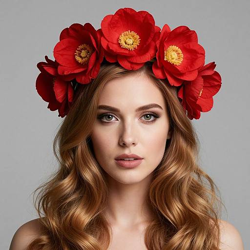 Photograph of a fair-skinned woman with wavy auburn hair, wearing a vibrant red flower crown with yellow centers, against a plain gray