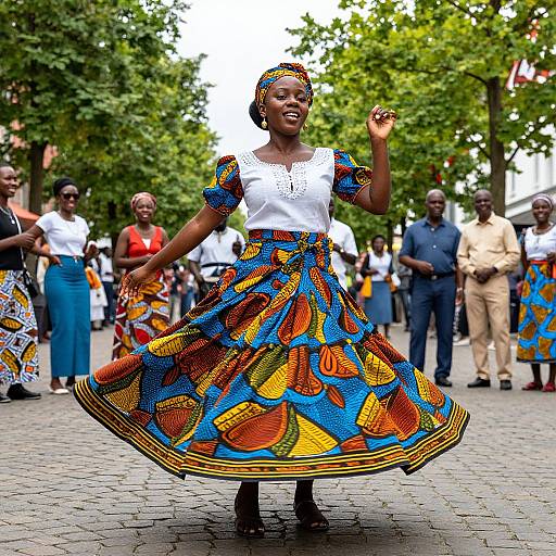 Photograph of a smiling Black woman dancing in a vibrant, colorful African dress with blue, yellow, and orange patterns, surrounded by onlookers in