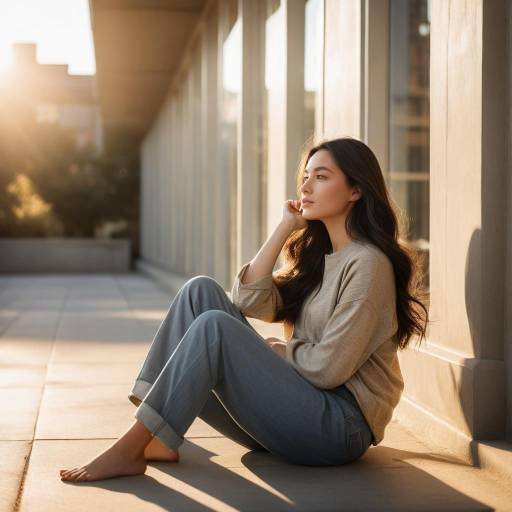 Young woman sitting outdoors in warm sunlight