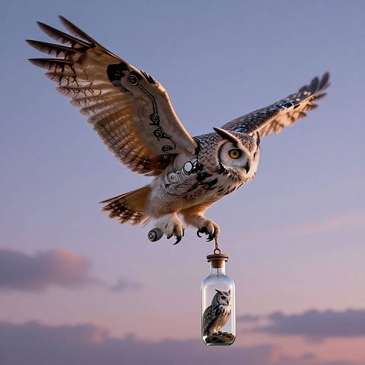 Photograph of a flying owl with intricate black patterns on its wings, holding a glass bottle with a snake inside, against a twilight sky.