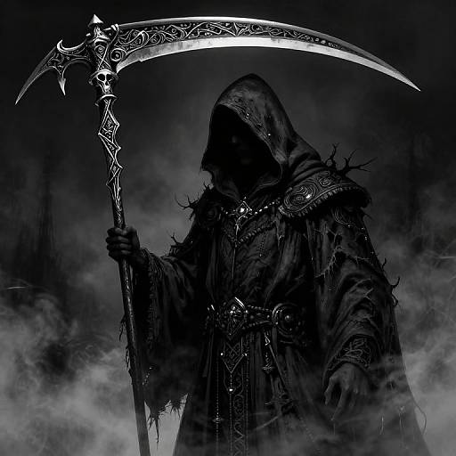 Dark, gothic digital painting of a hooded, armored figure wielding an intricately designed scythe amidst swirling fog. Silhouetted against a
