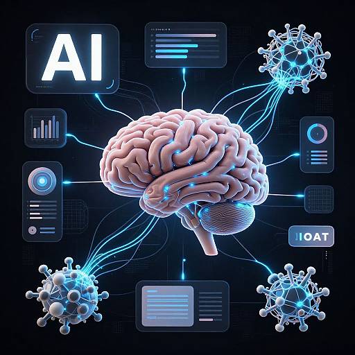 Digital illustration of a glowing, 3D-rendered brain with blue neural connections, surrounded by sci-fi interfaces and molecular structures, labeled 