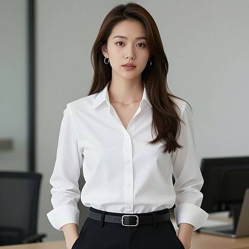Photograph of an Asian woman with long dark hair, wearing a white button-up shirt, black pants, and silver earrings, standing in a modern office