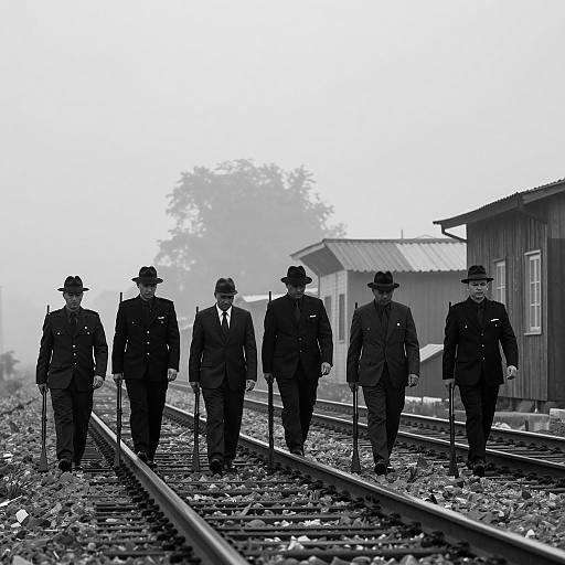 Mysterious Figures on Foggy Railroad Tracks