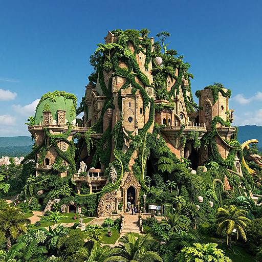 Digital artwork of a towering, ancient, ivy-covered castle with intricate architecture, set against a bright blue sky and lush greenery.