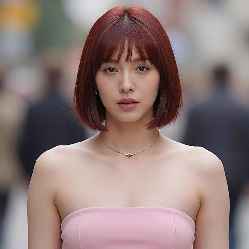 Photograph of an East Asian woman with straight, shoulder-length red hair, wearing a strapless pink dress, standing in a blurred urban background, with