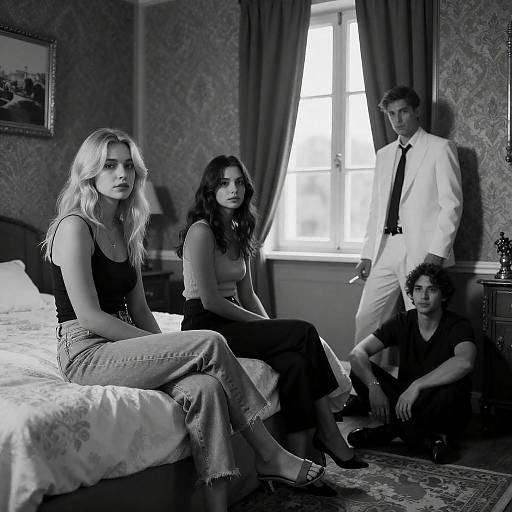 Vintage Black-and-White Portrait in Patterned Room