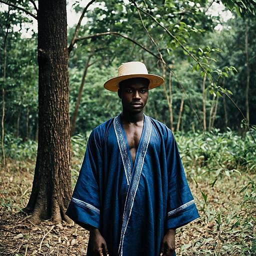 Nigerian Man in Traditional Robe Standing in Forest
