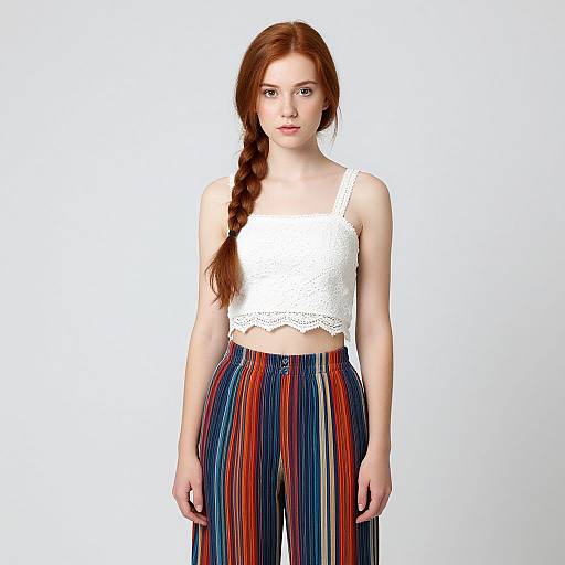 Photograph of a fair-skinned woman with long red hair in a braid, wearing a white lace crop top and striped high-waist pants