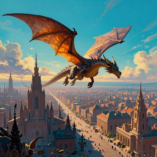 Digital artwork of a majestic, orange-scaled dragon with glowing wings soaring over a sunlit, Gothic cityscape, casting a dramatic shadow on the architecture