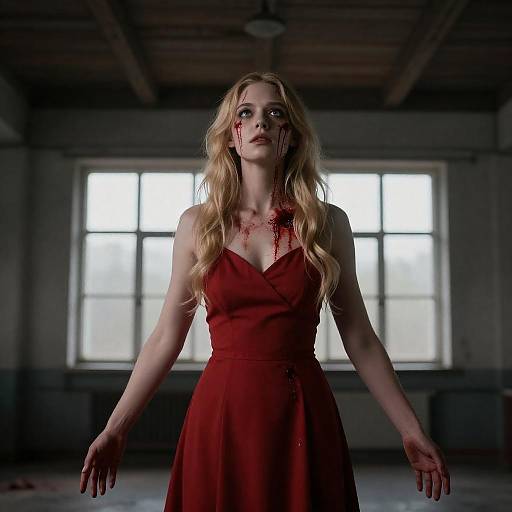 Intense Blonde Woman in Red Dress