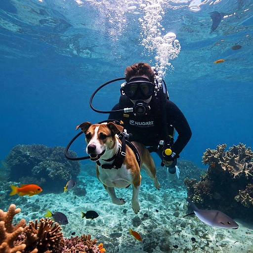 Dog Scuba Diving in Sunlit Cave