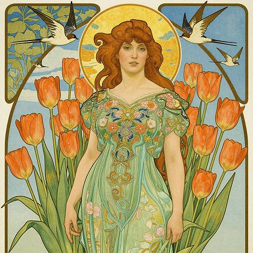 Art Nouveau Woman with Tulips